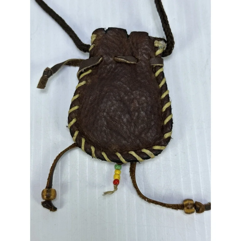 VTG Native American Leather Medicine Bag Beads Tribal Necklace Rawhide Stitching
